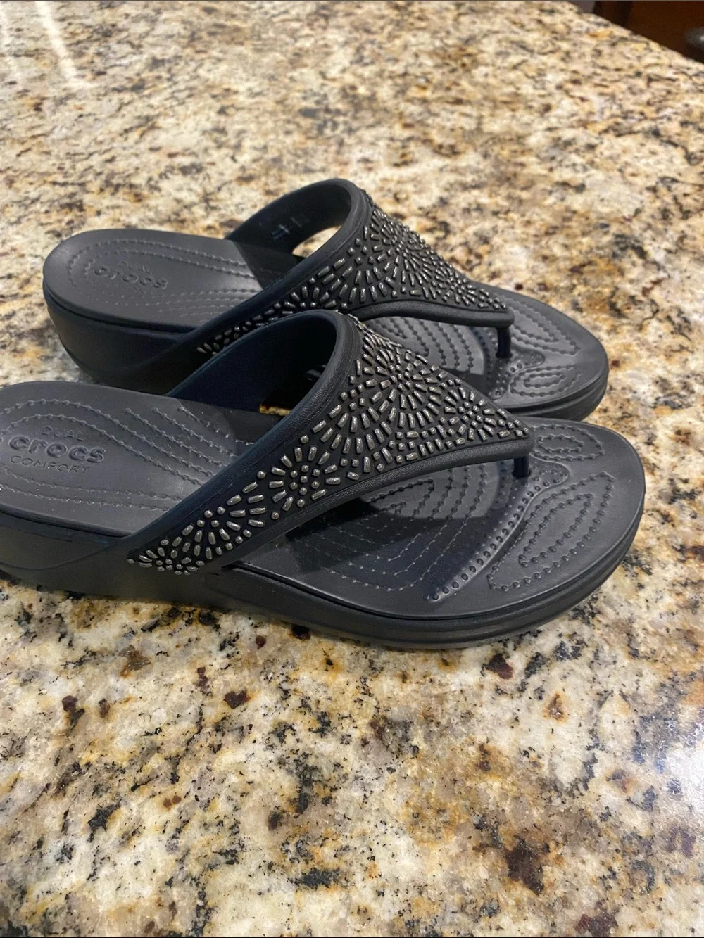 CROCS Black Wedge Jeweled Thong Sandals